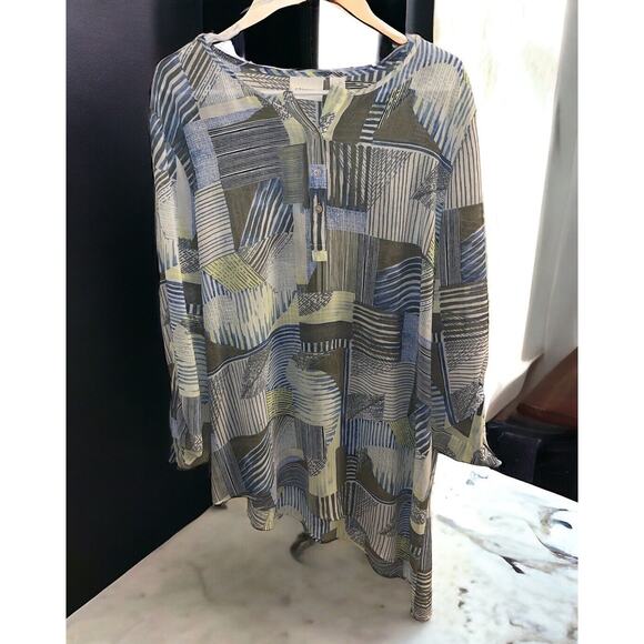 CHICO'S Blouse Womens Size 3 Striped Roll Tab Sleeve Angle Hem Sheer Blue Green - Picture 2 of 7